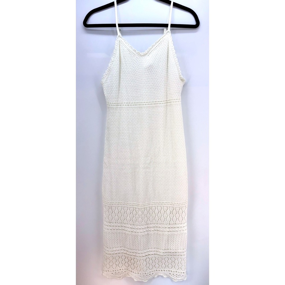 Ivory Crochet Knit Dress Sz S Cottagecore Boho Fairy Midi‎ Graduation Sundress